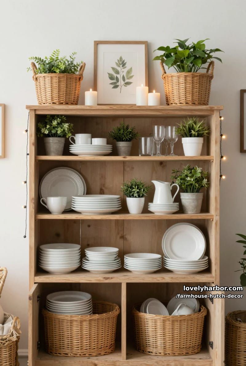 22 Farmhouse Hutch Decor Inspirations to Elevate Your Space 5 farmhouse hutch with string lights, white ceramics, baskets, and greenery. 1