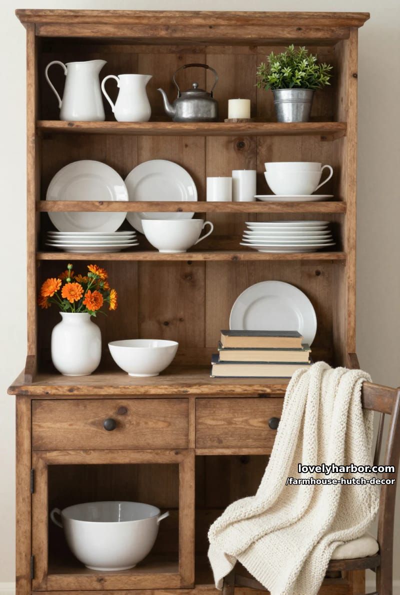22 Farmhouse Hutch Decor Inspirations to Elevate Your Space 22 farmhouse hutch with vintage white ceramics, metal teapot, and orange flowers. 1
