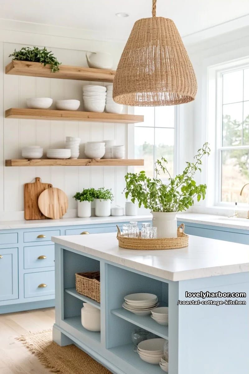 20 Coastal Cottage Kitchens With Worn-In Beach House Feel 9 farmhouse kitchen with blue cabinets, open shelves, and pendant lights. 1