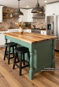farmhouse kitchen with green island brick backspla 4