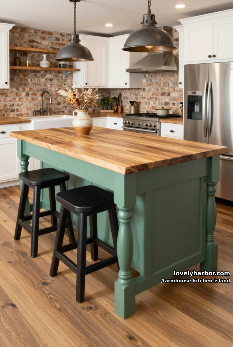 Lovely Harbor 45 farmhouse kitchen with green island, brick backsplash, and industrial pendant lights. 4