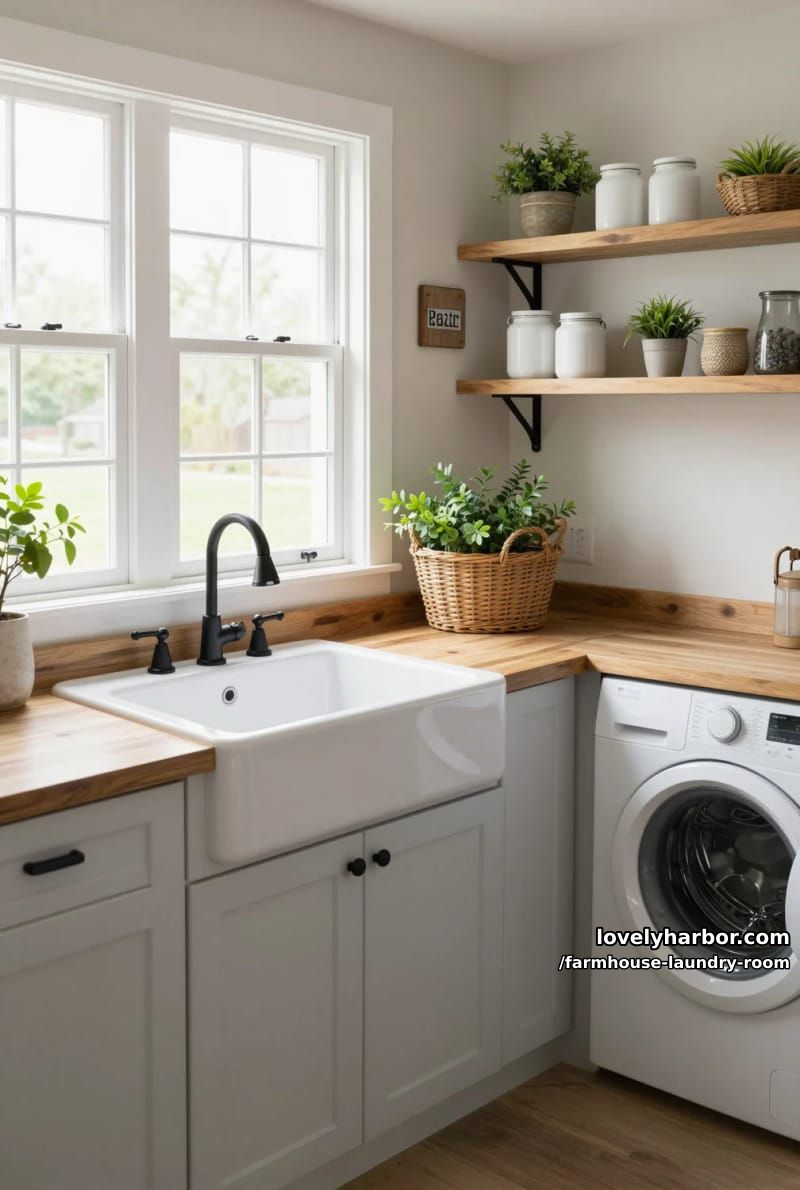 21 Farmhouse Laundry Rooms with Charming Designs 8 farmhouse laundry room with big windows, wooden countertops, and open shelves. 1