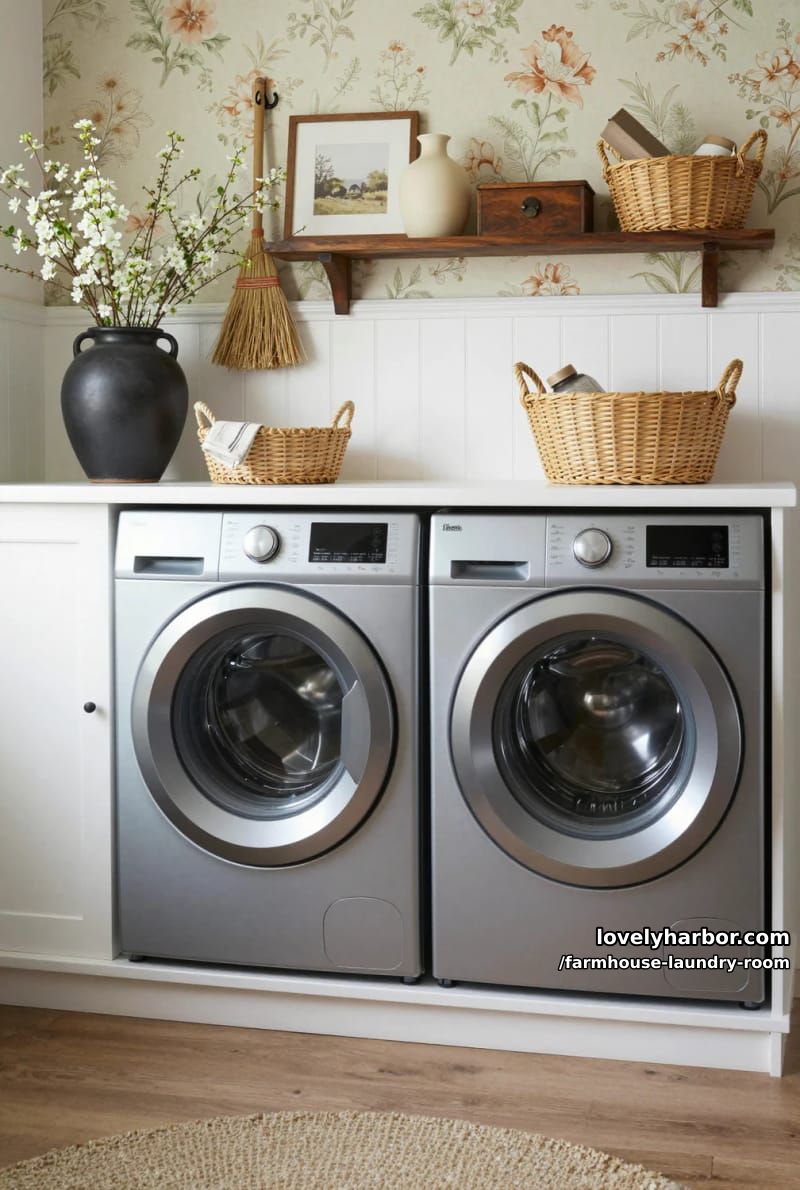 21 Farmhouse Laundry Rooms with Charming Designs 24 farmhouse laundry room with floral wallpaper, white countertop, and vintage decor. 1