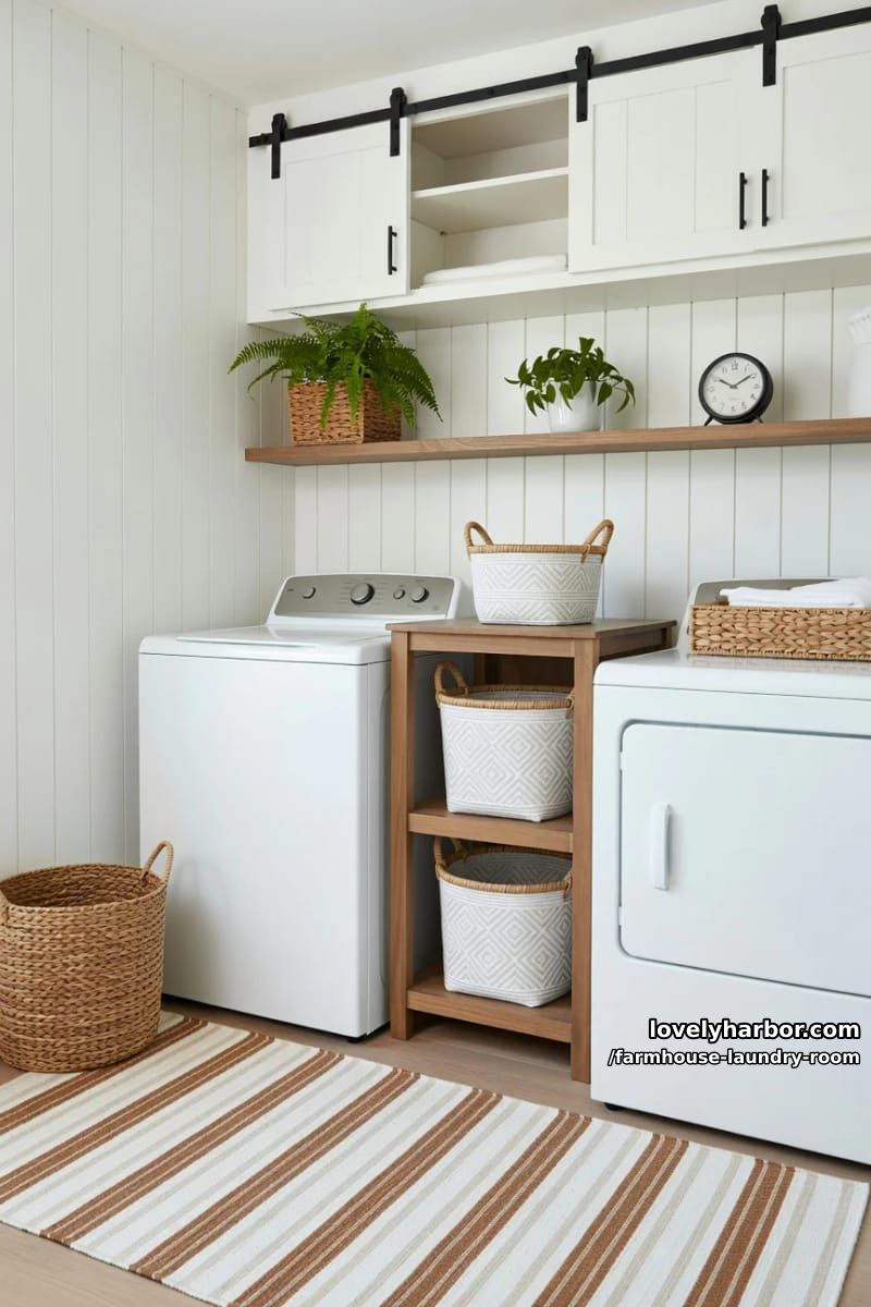 21 Farmhouse Laundry Rooms with Charming Designs 12 farmhouse laundry room with white appliances, wooden shelving, and decorative greenery. 1