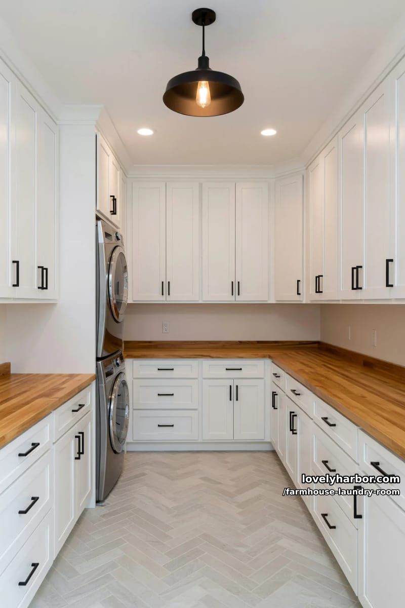 21 Farmhouse Laundry Rooms with Charming Designs 6 farmhouse laundry room with white cabinetry, herringbone tile floor, and pendant lighting. 1