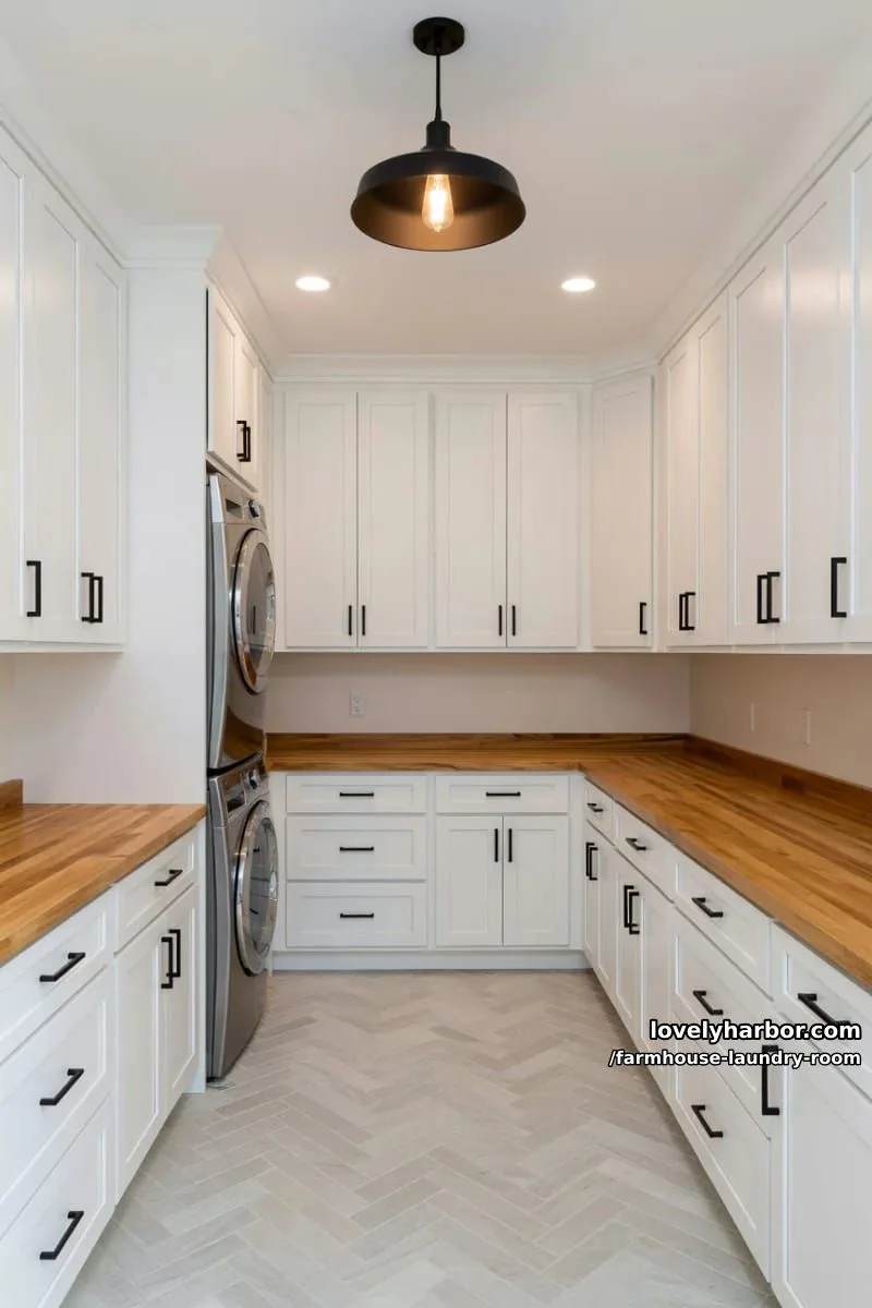 21 Farmhouse Laundry Rooms with Charming Designs 5 farmhouse laundry room with white cabinetry, herringbone tile floor, and pendant lighting. 1