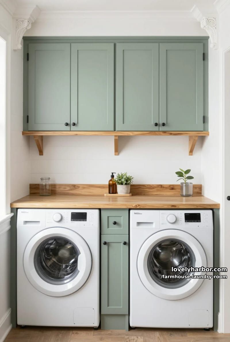 21 Farmhouse Laundry Rooms with Charming Designs 25 farmhouse laundry with sage green cabinets, wooden shelf, and shiplap walls. 1