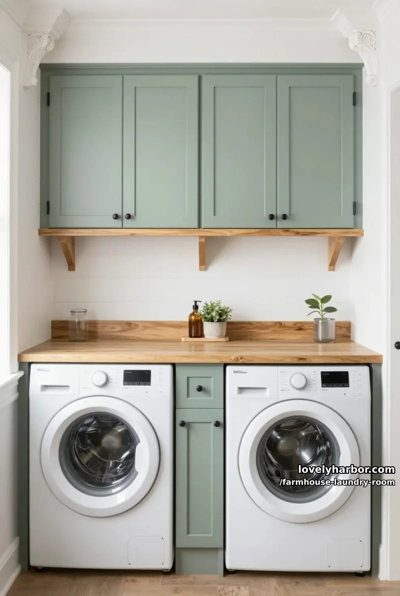 21 Farmhouse Laundry Rooms with Charming Designs 24 farmhouse laundry with sage green cabinets, wooden shelf, and shiplap walls. 1