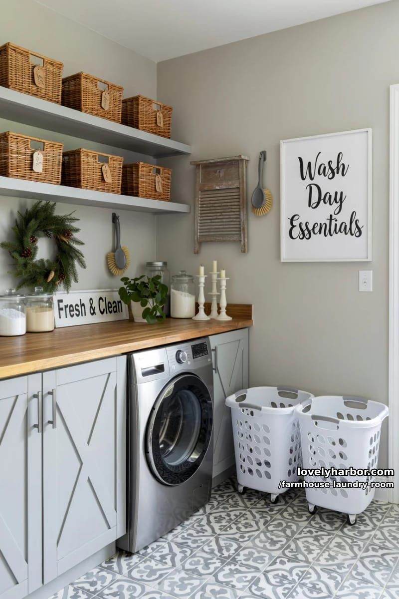 21 Farmhouse Laundry Rooms with Charming Designs 14 farmhouse laundry with x-pattern gray cabinetry, open shelves, and labeled baskets. 1