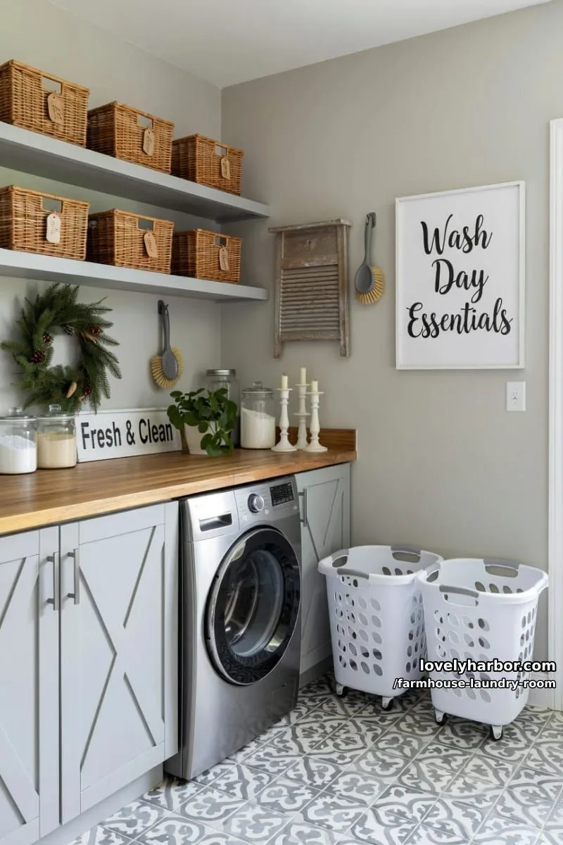 21 Farmhouse Laundry Rooms with Charming Designs 13 farmhouse laundry with x-pattern gray cabinetry, open shelves, and labeled baskets. 1