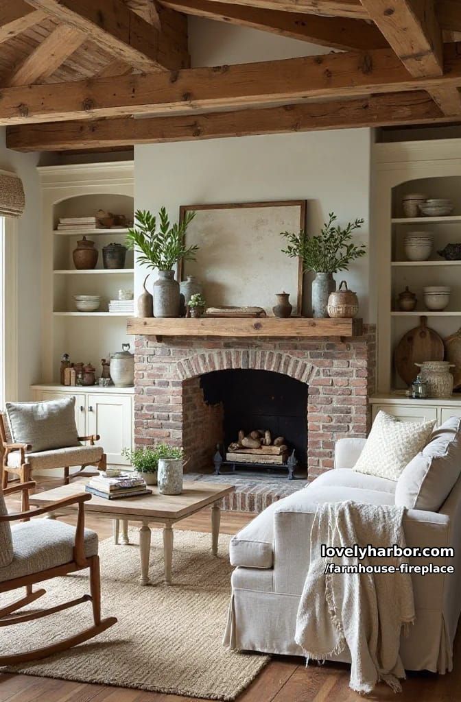 farmhouse living room with rustic fireplace, beams, and vintage decor. 1