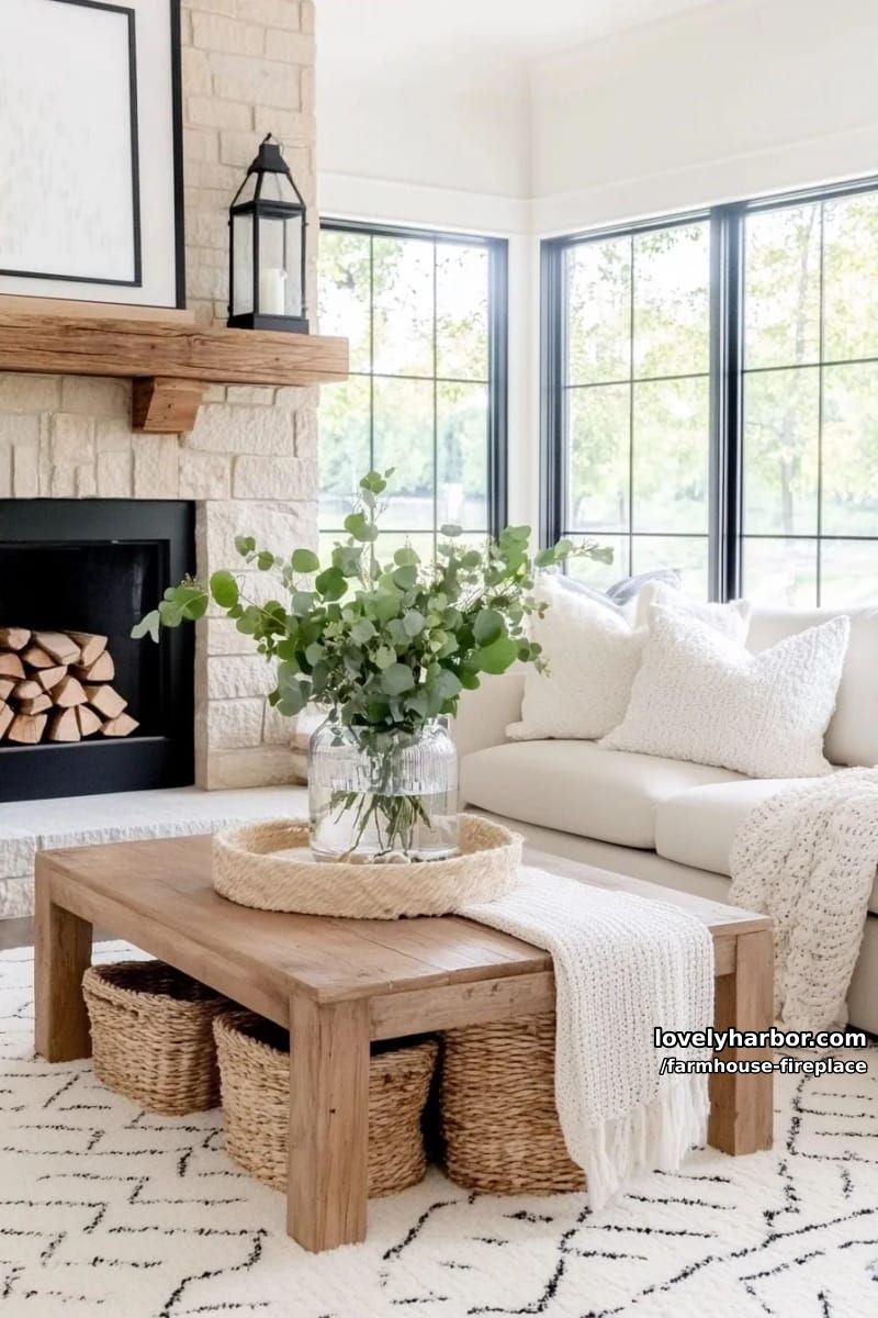 farmhouse living room with stone fireplace, wooden mantel, and neutral seating. 1