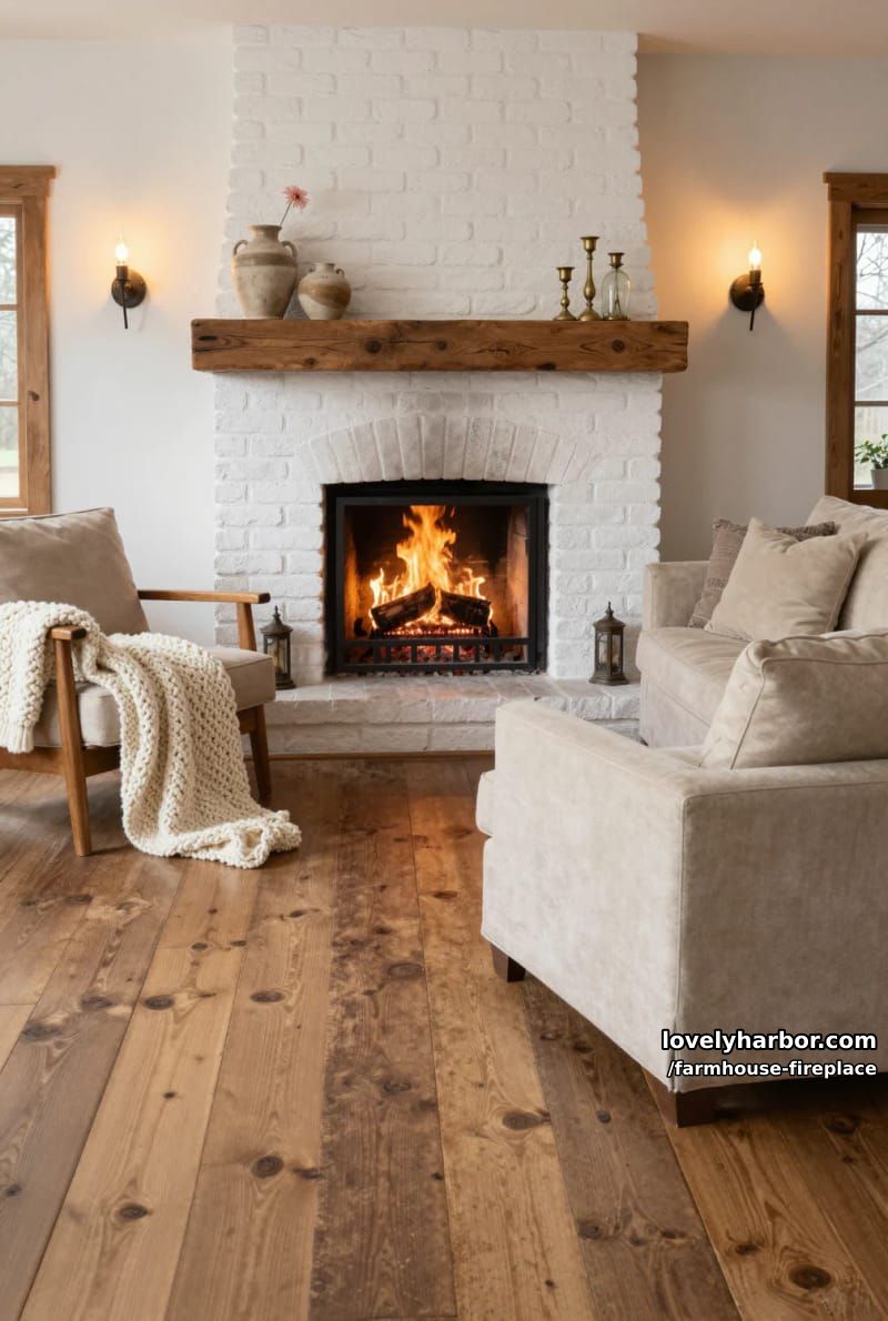 farmhouse living room with whitewashed brick fireplace and wooden mantel. 1
