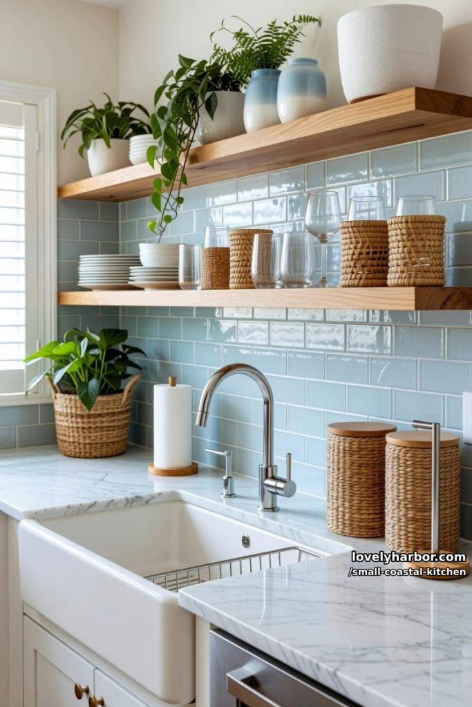 farmhouse sink, blue subway tile, open wood shelves, woven accents, organized look 15