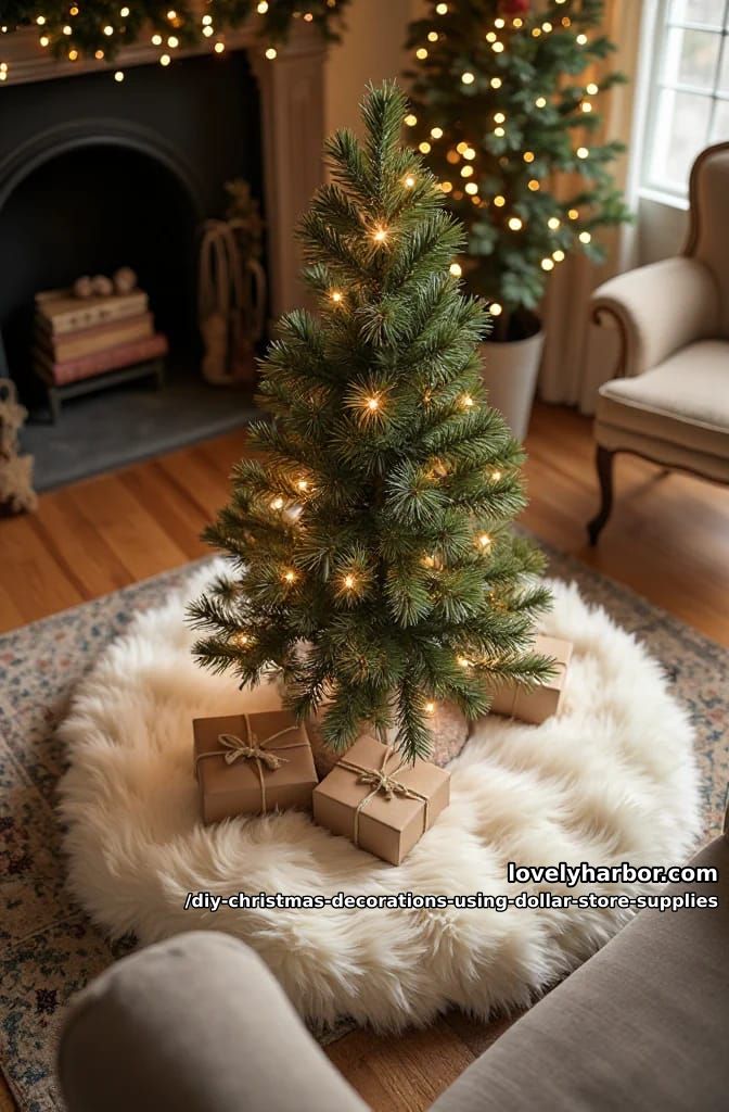 12 DIY Christmas Decorations Using Dollar Store Supplies That Don't Read Cheap 20 faux fur tree collar from a bath mat 1
