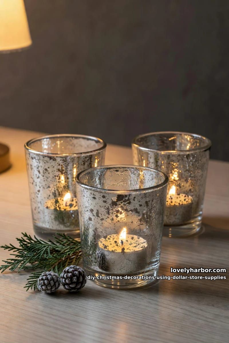 12 DIY Christmas Decorations Using Dollar Store Supplies That Don't Read Cheap 3 faux mercury glass votives from dollar store jars 1