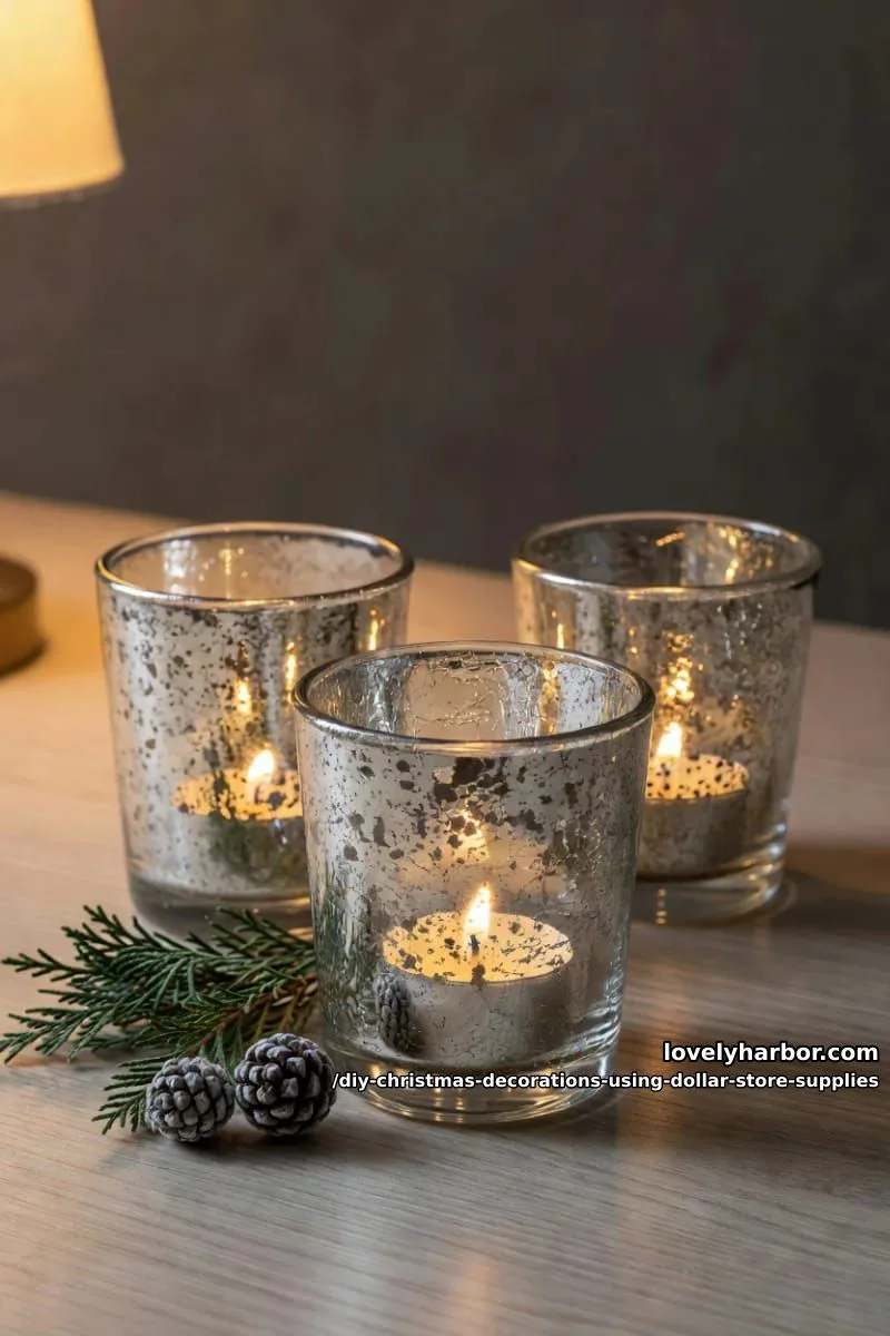 12 DIY Christmas Decorations Using Dollar Store Supplies That Don't Read Cheap 2 faux mercury glass votives from dollar store jars 1