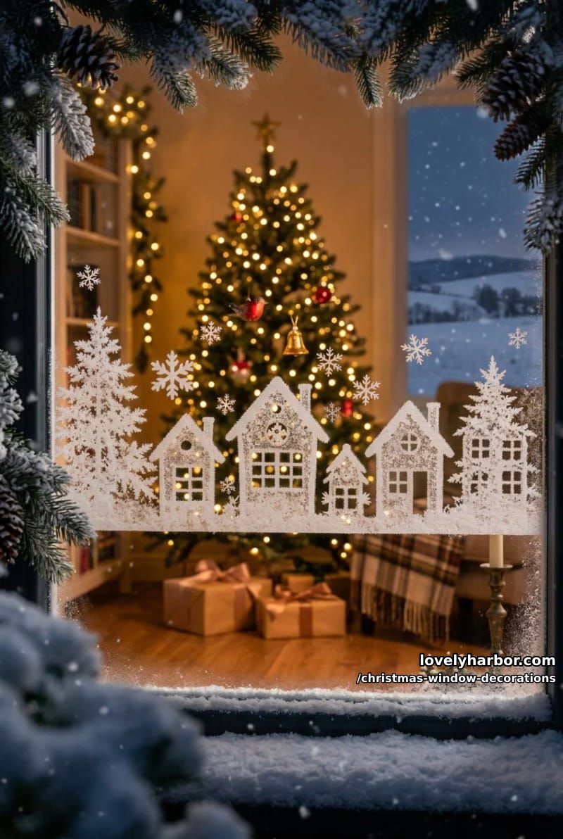 Christmas Window Decorations: 12 Ideas for Glow That Reads From the Street and the Sofa 7 faux-snow stenciling, applied to a removable acrylic sheet 1
