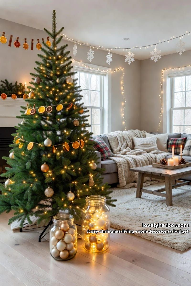 fill clear jars with spare ornaments at the tree base 1