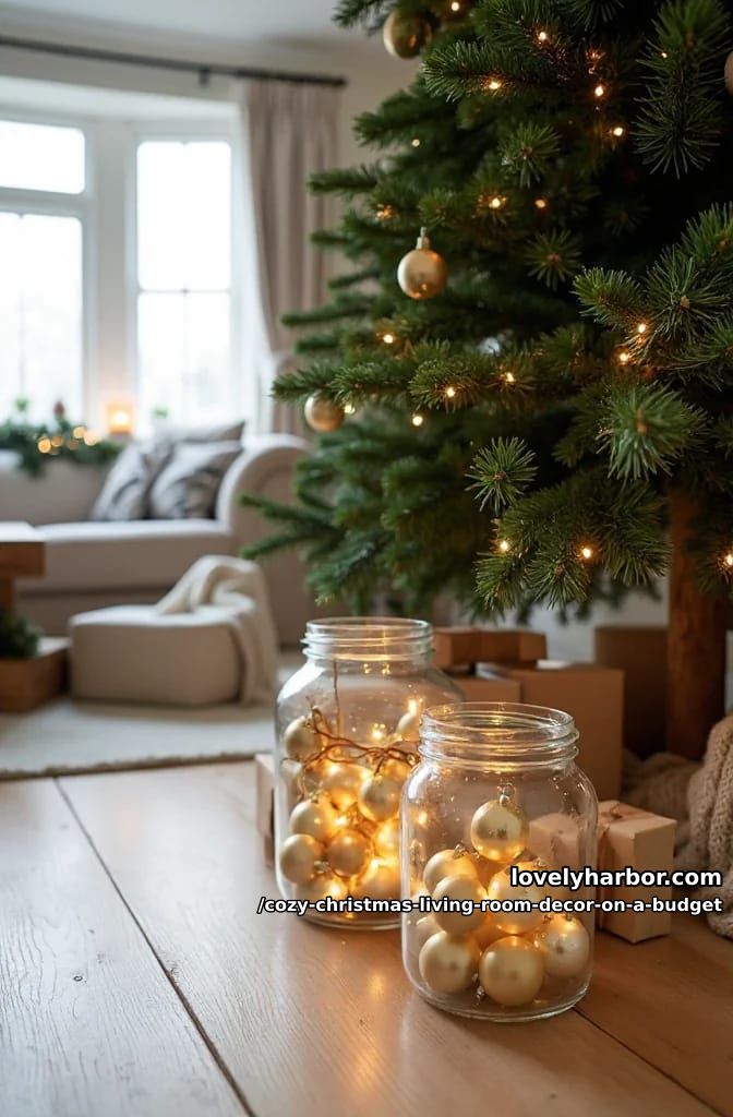 fill clear jars with spare ornaments at the tree base 1
