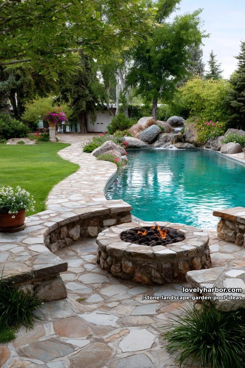 flagstone patio with sunken fire pit beside turquoise swimming pool 1