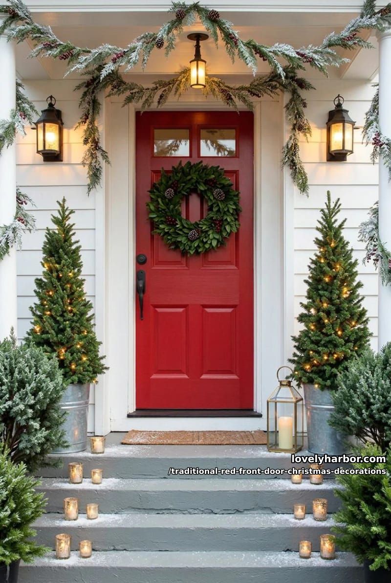 flank the door with a matched pair of lit topiary cones 1