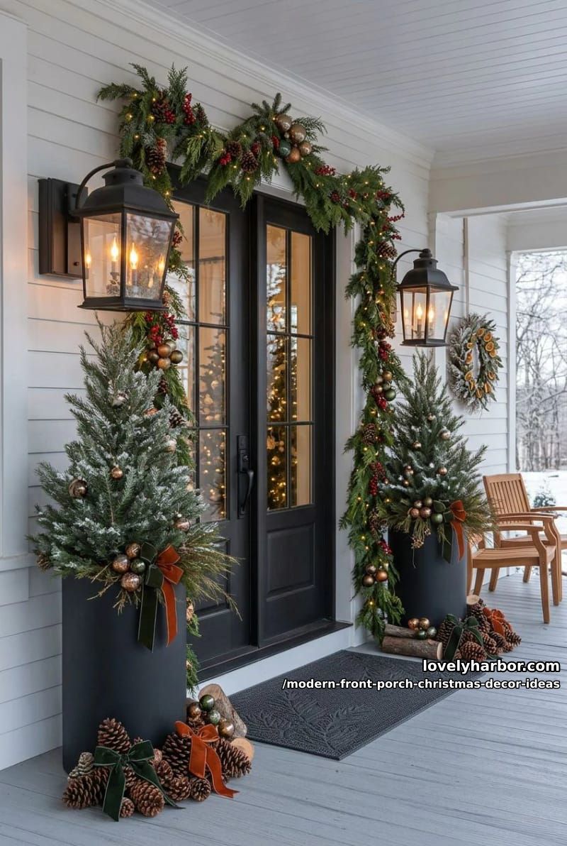 flank the door with matte black planters and one upright evergreen each 1