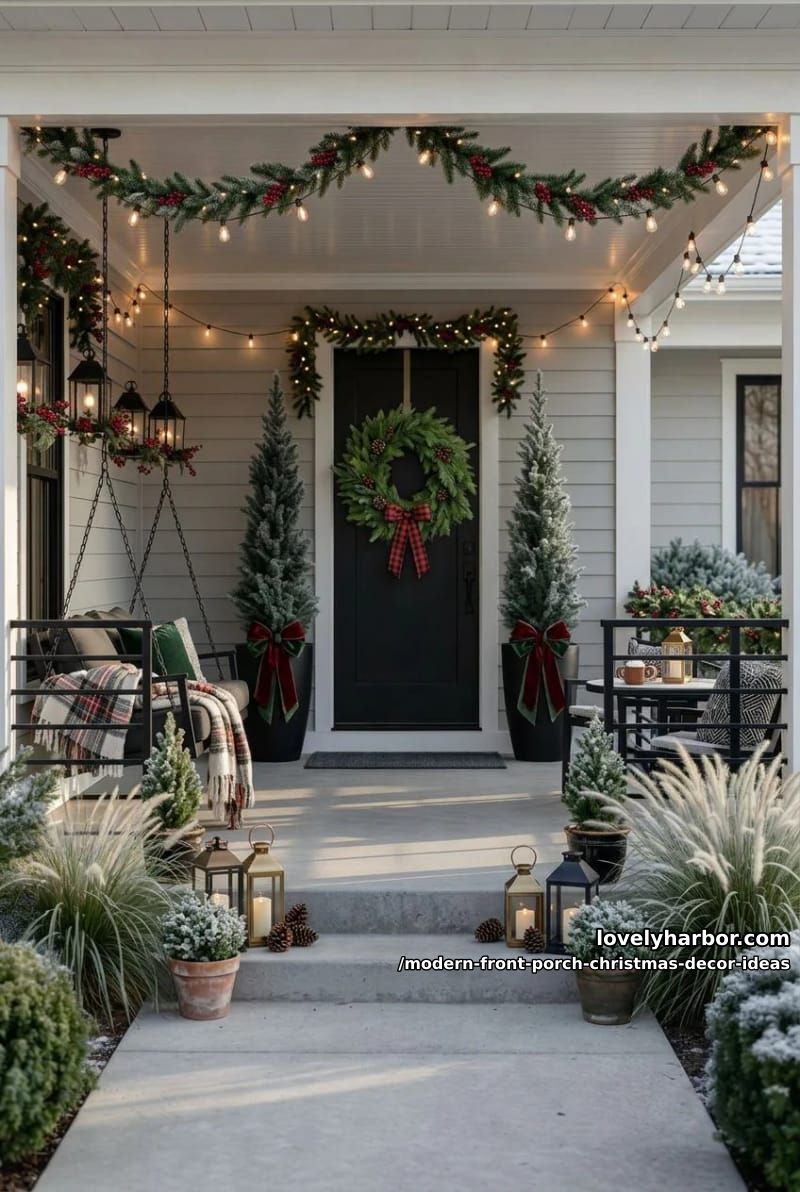 flank the door with matte black planters and one upright evergreen each 1