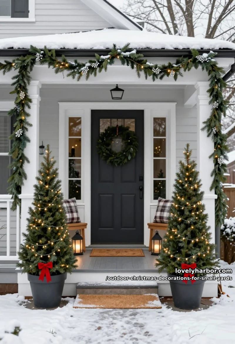 flank the door with two potted dwarf evergreens 1
