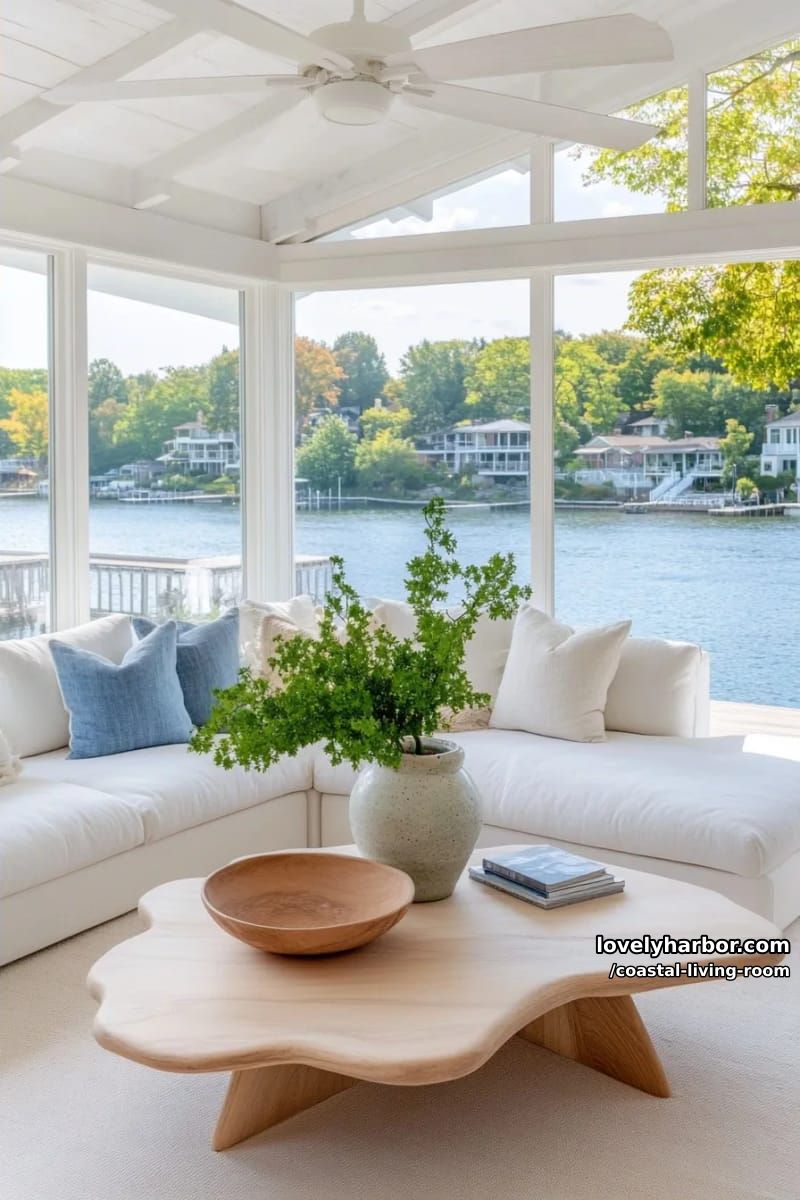 floor-to-ceiling windows living room with white sectional and wooden coffee tables. 1