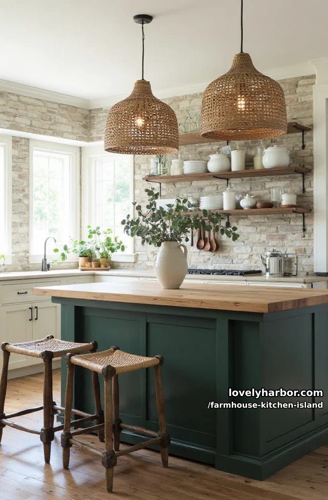 forest green island, butcher block top, wicker pendant lights, and stone accent wall. 1