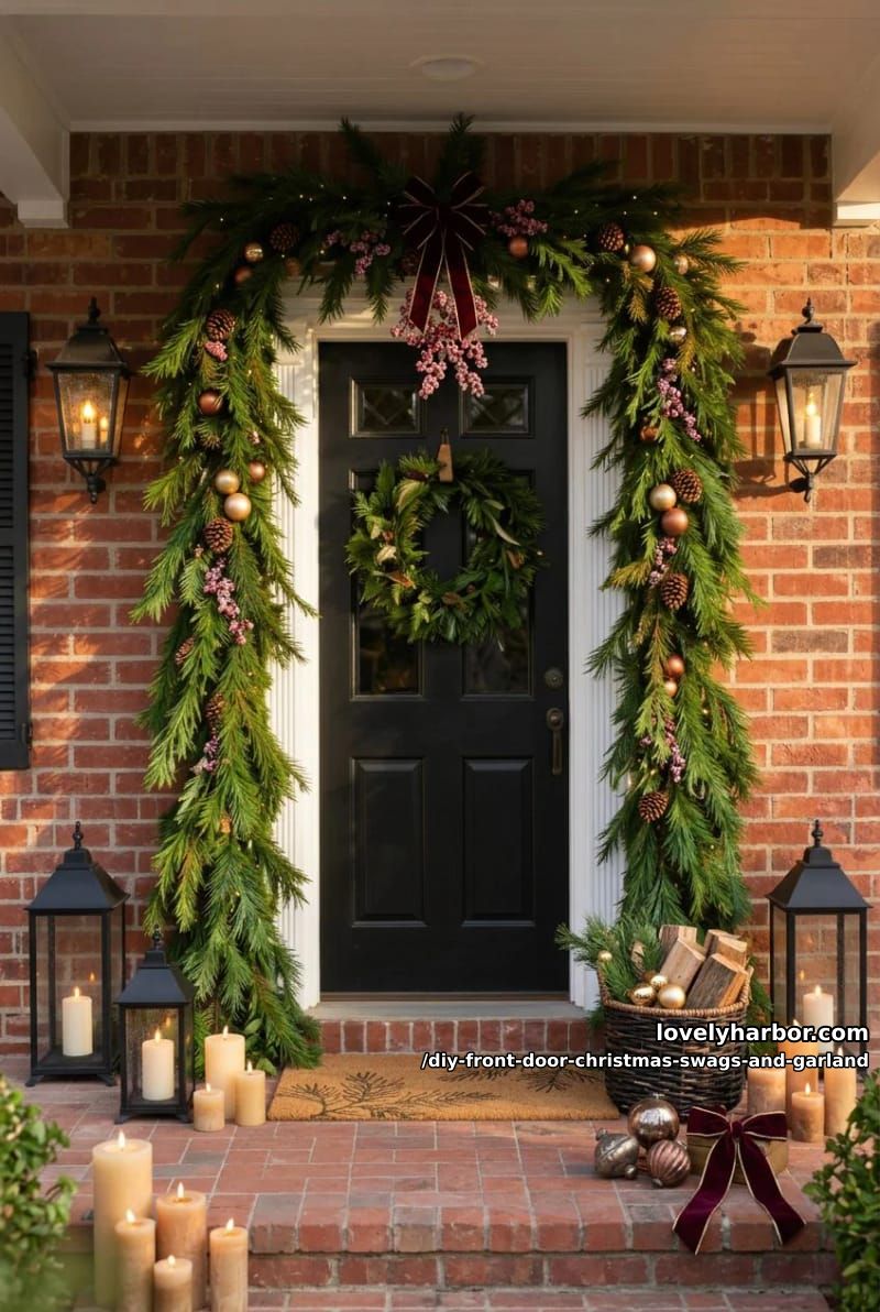 frame the entire door in cedar garland, then hang it so it doesn't fall by tuesday 1