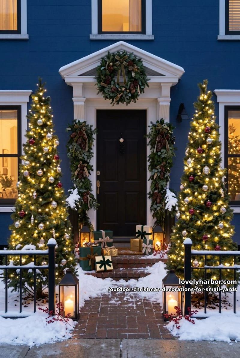 frame the entry with a light arch or paired cone trees 1