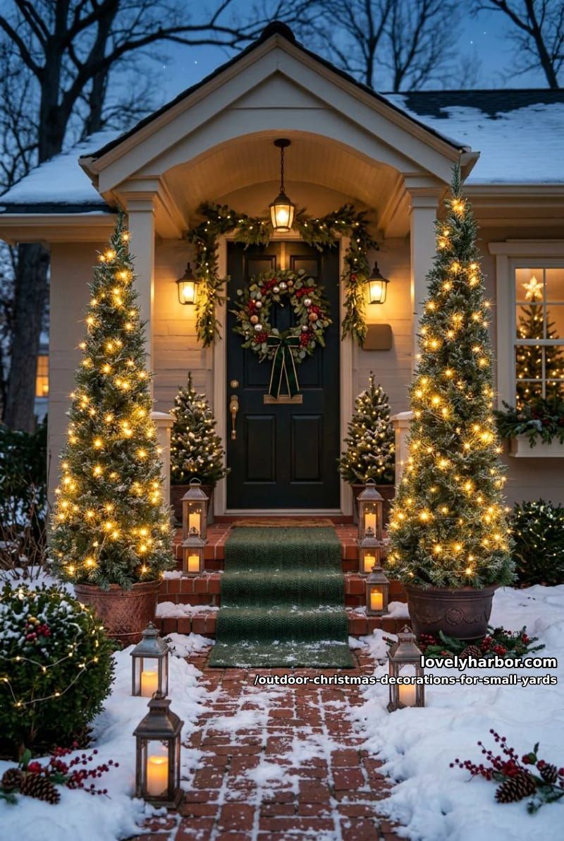 frame the entry with a light arch or paired cone trees 1
