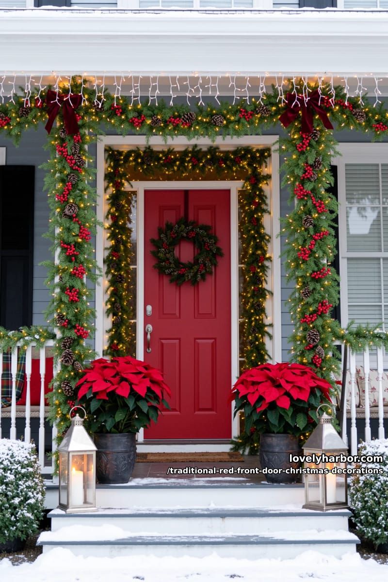 frame the whole red door in garland, not just a wreath on it 1