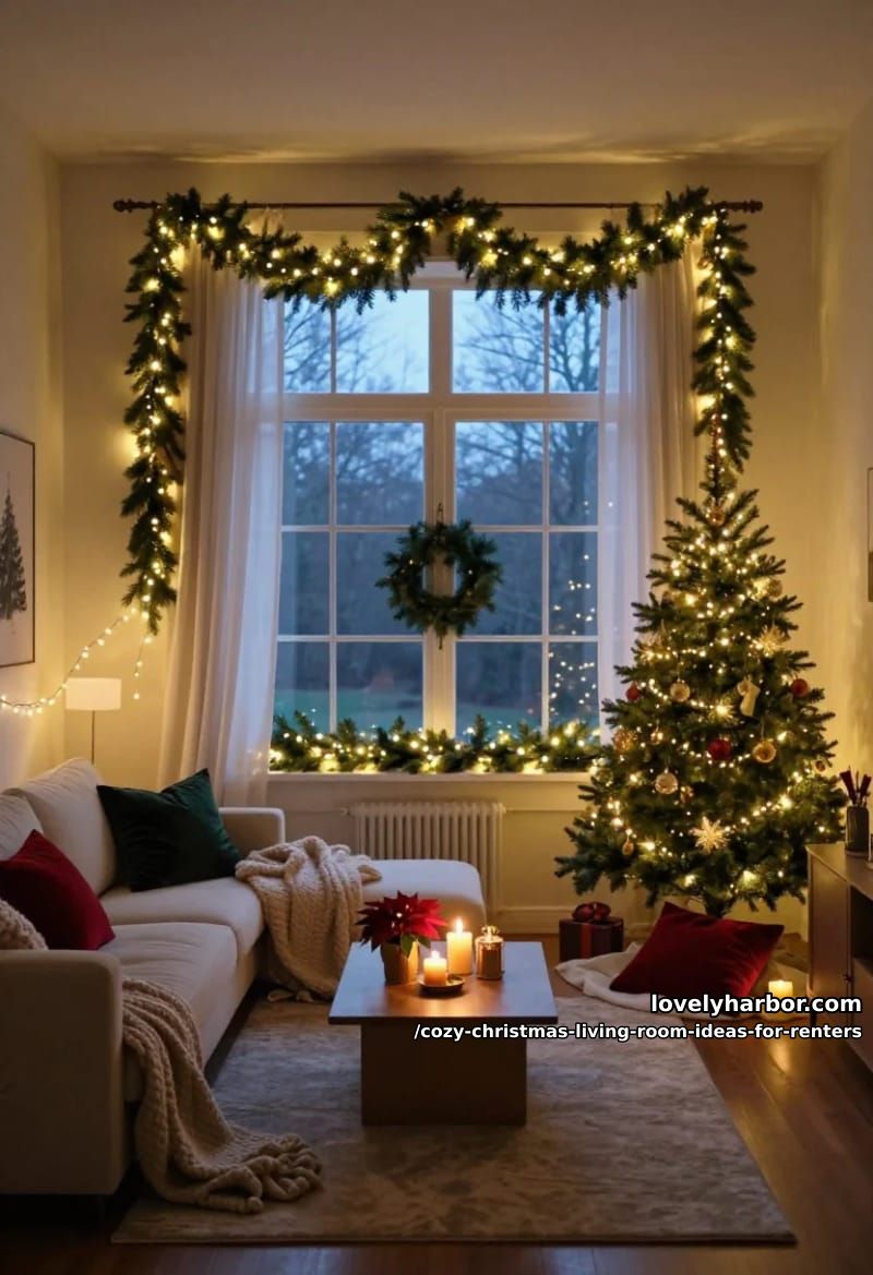 frame the window with lit garland on a tension rod 9