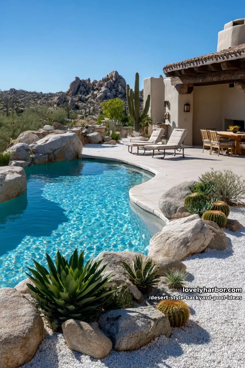 freeform swimming pool, desert-style patio with white gravel and aloe 1