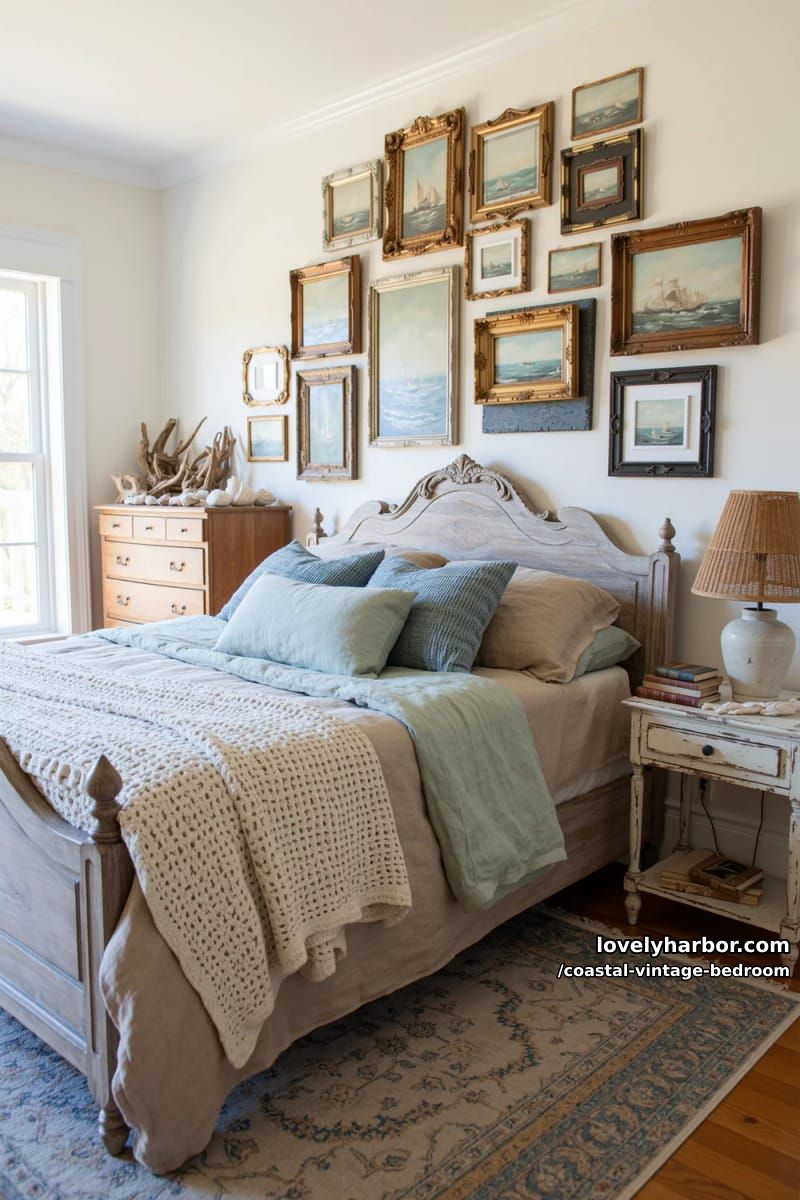 15 Coastal Vintage Bedrooms to Inspire Your Retreat 6 gallery wall of vintage seascapes in mismatched, ornate frames 1