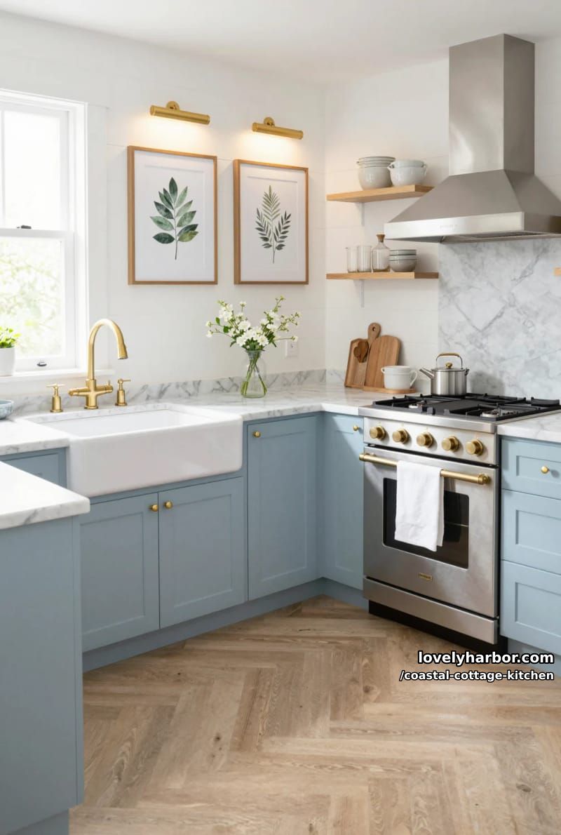 20 Coastal Cottage Kitchens With Worn-In Beach House Feel 8 galley kitchen with blue shaker cabinets, brass hardware, and marble countertops. 1