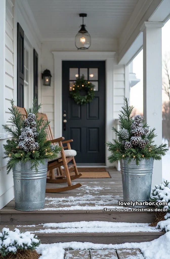 galvanized buckets flank the front door better than urns 1