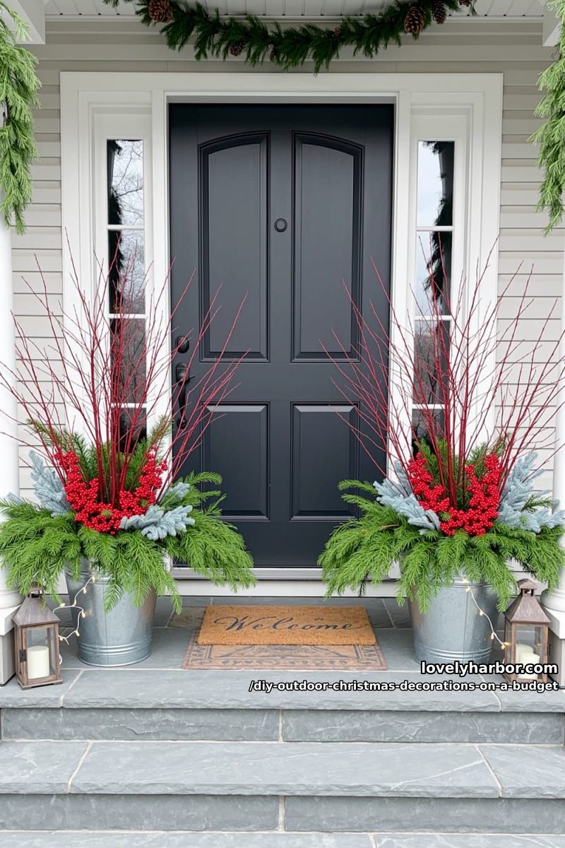 12 DIY Outdoor Christmas Decorations on a Budget That Survive a Real Winter 15 galvanized buckets of free evergreen clippings 1