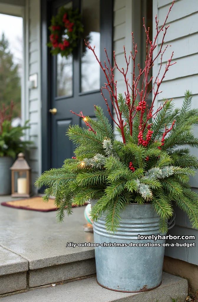 12 DIY Outdoor Christmas Decorations on a Budget That Survive a Real Winter 16 galvanized buckets of free evergreen clippings 1