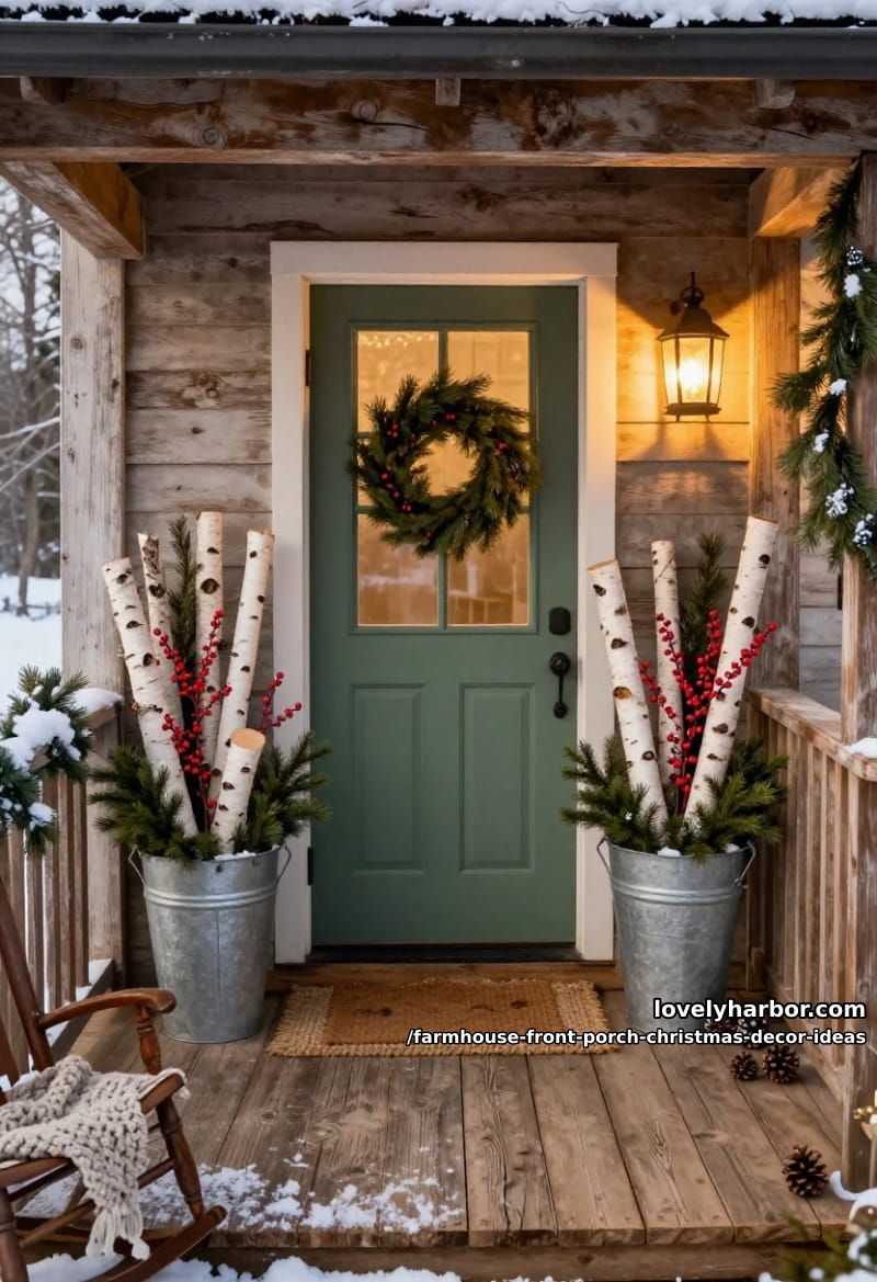 Farmhouse Front Porch Christmas Decor Ideas That Read Warm, Not Staged 7 galvanized buckets with birch logs (the workhorse of the whole style) 1