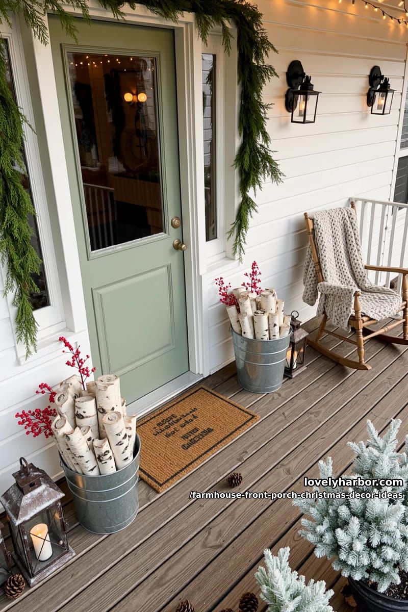 Farmhouse Front Porch Christmas Decor Ideas That Read Warm, Not Staged 8 galvanized buckets with birch logs (the workhorse of the whole style) 1