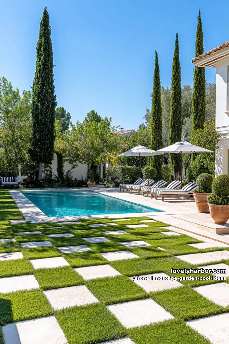 geometric checkerboard lawn and stone paths leading to a classic swimming pool 1