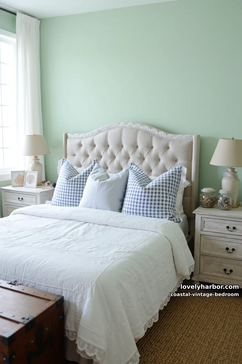 15 Coastal Vintage Bedrooms to Inspire Your Retreat 11 gingham and ticking stripe pillows on tufted headboard with lace trim 1