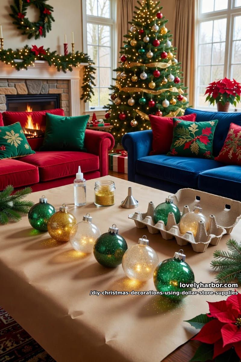 12 DIY Christmas Decorations Using Dollar Store Supplies That Don't Read Cheap 7 glitter-lined ornaments using floor finish, not glue 1