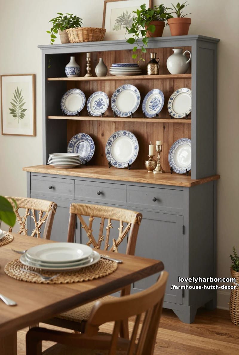 22 Farmhouse Hutch Decor Inspirations to Elevate Your Space 17 gray hutch with patterned plates, woven baskets, plants, and framed art. 1