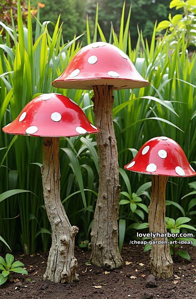 handmade red and white mushroom garden sculptures from bowls and logs. 1