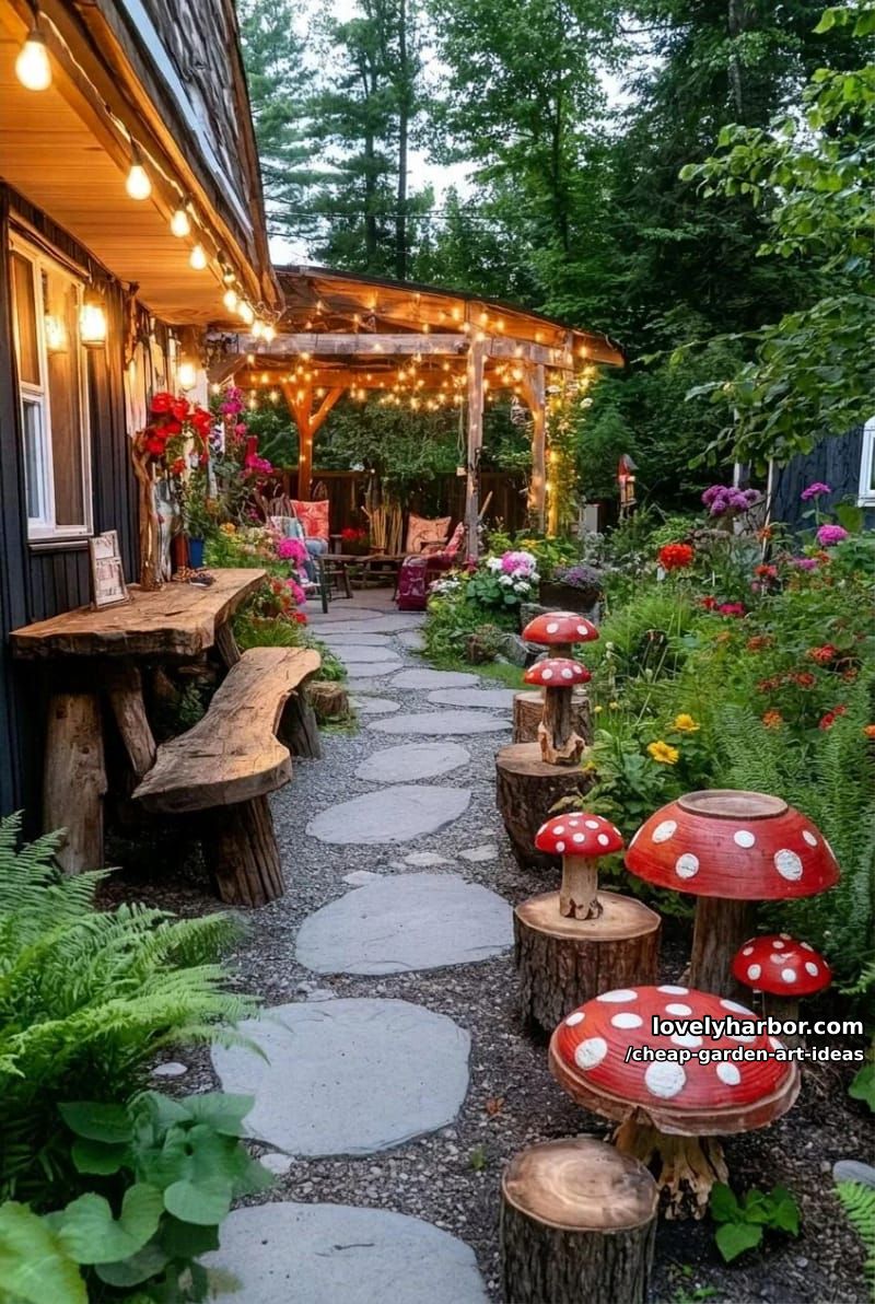 handmade red and white mushroom garden sculptures from bowls and logs. 1